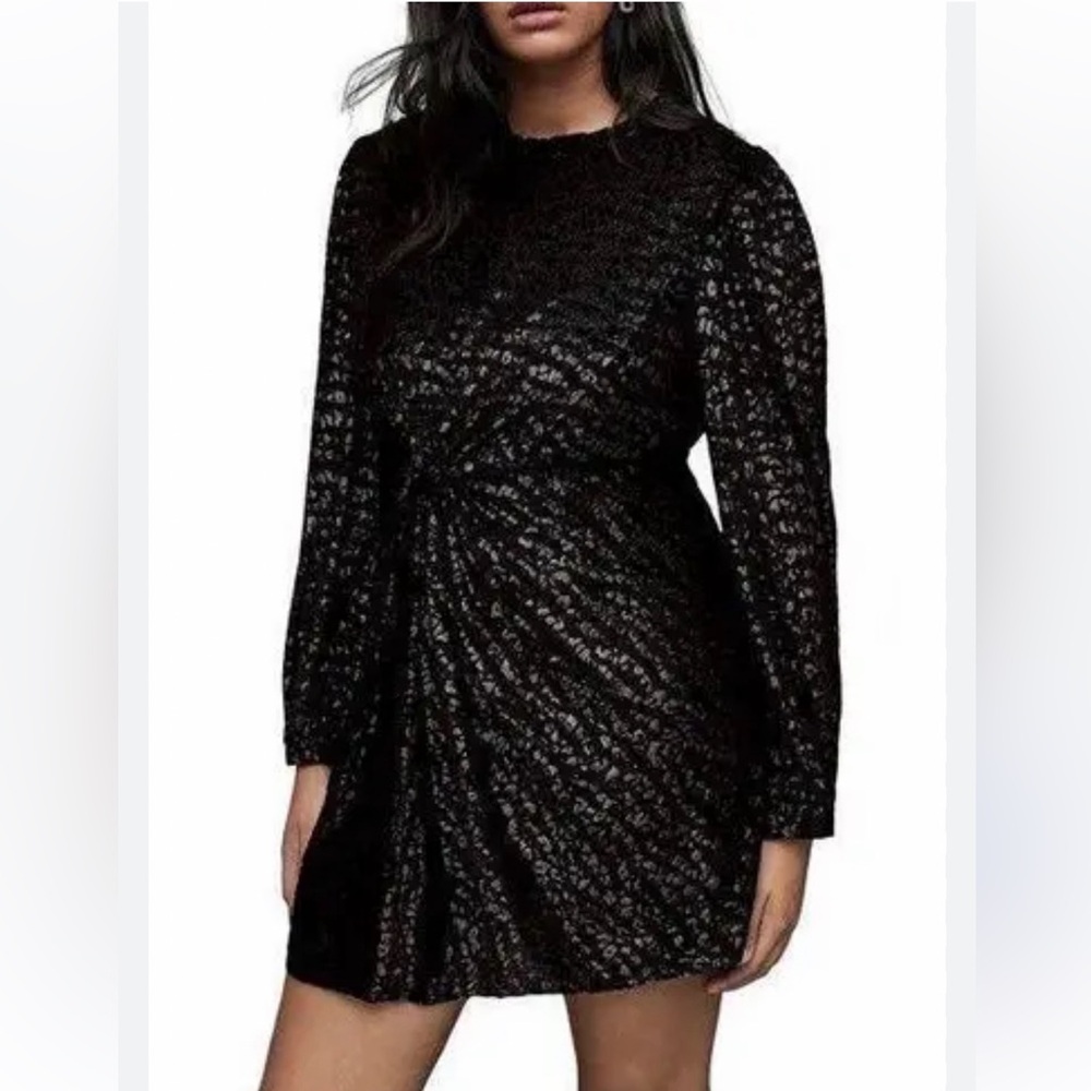 All Saints Jemima Long Sleeve Shimmer Velvet Leopard Print Dress in Black Size 8